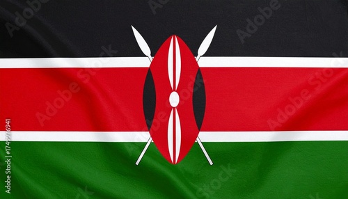 Kenya national flag with black, red, and green horizontal stripes separated by white lines, featuring a central Maasai shield and crossed spears—symbolic, patriotic, and cultural.