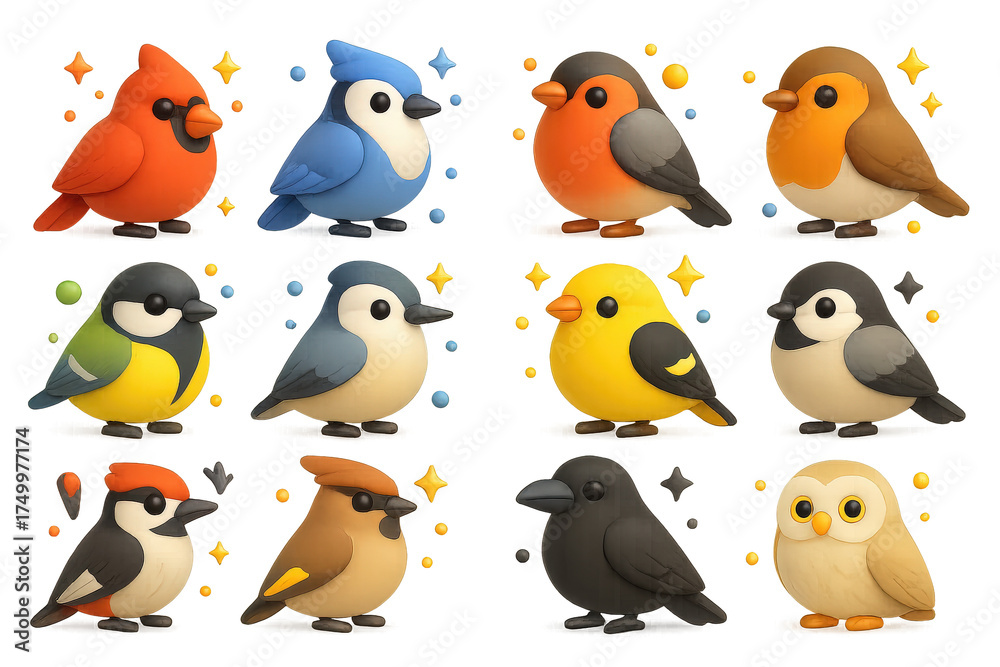 Obraz premium Winter Bird Icons. Winter Birds. 3D icons set of Winter Birds: cardinal, blue jay, bullfinch, robin, titmouse, nuthatch, goldfinch, chickadee, woodpecker,