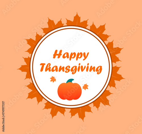 Thanksgiving card with a greeting inscription in a round frame of maple leaves