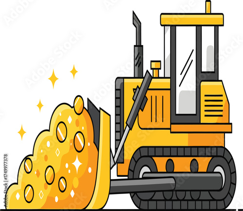 Vector, illustration of a bulldozer vehicle with gold material, industry, mining, poster, printing, background