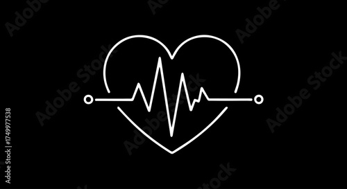 Simple White Outline Heart with EKG Line on Black Background.