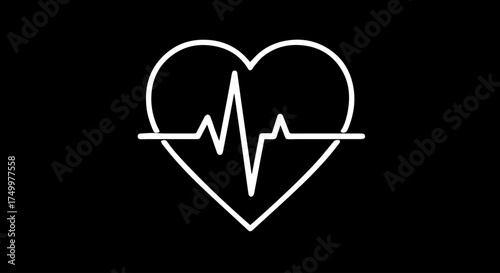Simple White Outline Heart with EKG Line, Representing Health and Vitality.