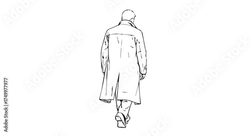 Sketch of a Man Walking Away, Wearing a Long Coat, Back View.