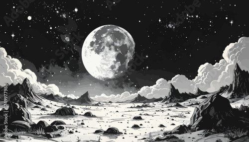 Lunar landscape with large moon and starry sky