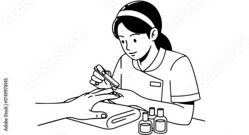 Skilled Woman Manicurist Filing Nails with Precision and Focus in Salon.