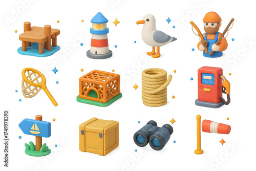 Harbor Life Icons. Harbor Life. 3D icons set of Harbor Life: dock, lighthouse, seagull, fisherman, fishing net, crab trap, rope coil, fuel pump, marina sign,