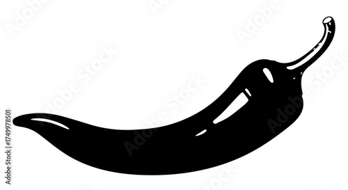 Sleek Black Chili Pepper Silhouette with Curved Shape and Stem Detail.
