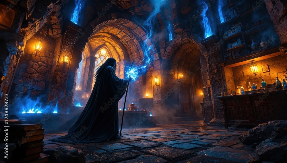 Fototapeta premium Mystical wizard casting a spell in a candlelit ancient stone chamber
