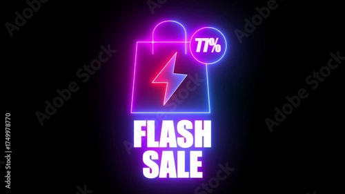 Neon Flash Sale Shopping Bag With 77 Percent Discount And Lightning Bolt Icon On Black Background image