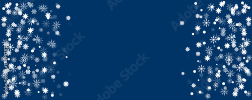 Frosty winter background vector with snowflake pattern and falling snow. Blue icy banner perfect for holiday, Christmas, or seasonal projects.