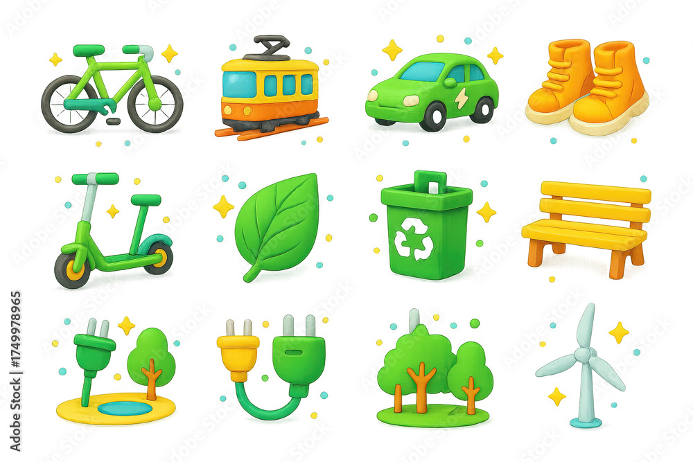 Obraz premium Green Transport Icons. Green Transport. 3D icons set of Green Transport: bicycle, tram, electric car, walking shoes, scooter, bus, charging plug, leaf icon,