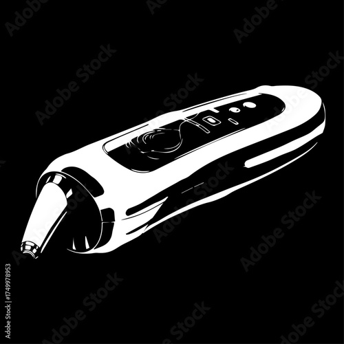 Sleek White and Black Electronic Vaporizer with Detailed Button Panel and Angled Mouthpiece.