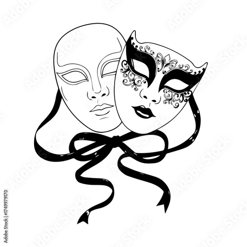 Elegant Black and White Venetian Masks with Ribbon Bow Decorative Design.