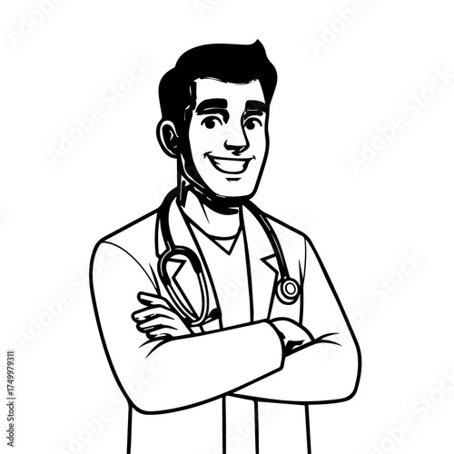 Smiling Cartoon Doctor with Crossed Arms and Stethoscope, Black and White Illustration.