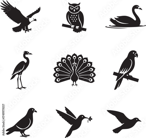 Elegant Bird Silhouettes Vector Icons Set - Nature and Wildlife
