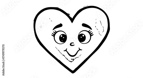 Smiling Cartoon Heart with Eyes, Eyebrows, and a Happy Expression, Outline.