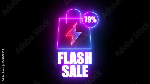 Neon Flash Sale Shopping Bag With 79 Percent Discount And Lightning Bolt Symbol image photo