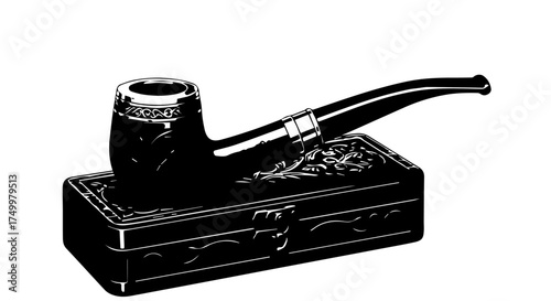 Elegant Black Tobacco Pipe Resting on Ornate Decorative Wooden Box.