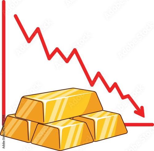 Vector, illustration of a declining gold stock chart, finance, money, poster, mining, industry