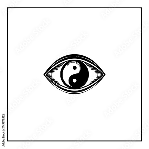 Eye symbol with yin yang inside pupil in black and white with a square border around the image