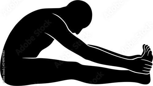 Paschimottanasana: Seated Forward Fold solid yoga pose vector showing deep forward stretch with extended legs and arms touching toes, transparent design for yoga, wellness, posture, and body alignment
