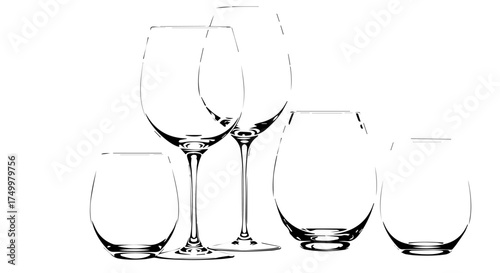 Elegant Collection of Empty Crystal Wine Glasses in Various Shapes and Sizes.
