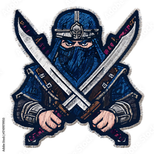 Embroidered patch design of a fierce masked warrior in blue with crossed swords. Assassin or fighter character illustration.