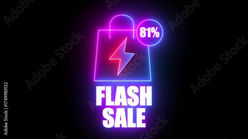 Neon Flash Sale Shopping Bag With 81 Percent Discount And Lightning Bolt Symbol image photo