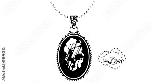 Elegant Oval Pendant Necklace with Intricate Black and White Silhouette Design.
