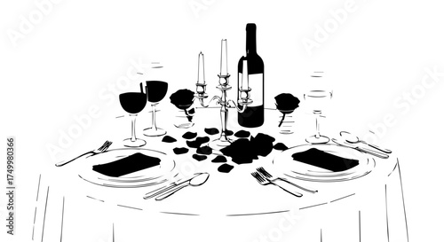 Elegant Romantic Dinner Table Setting with Wine, Candles, and Roses.