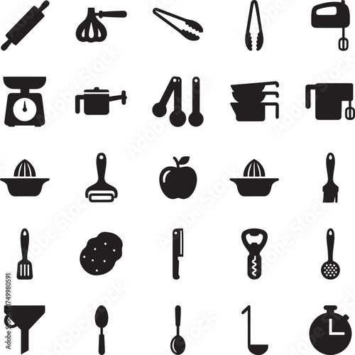 Modern Kitchen Gadget and Food Prep Icon Vector Set