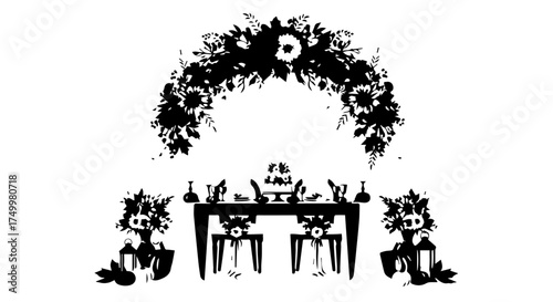 Elegant Wedding Table Setting with Floral Arch and Decorations in Silhouette.