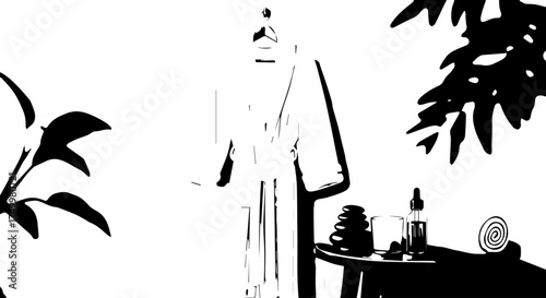 Elegant White Bathrobe Hanging on a Wooden Hanger, Minimalist Style, Shadow Play.
