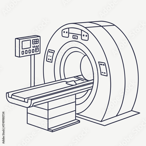 A detailed line art illustration of a modern mri scanner machine with a patient bed and control panel for medical imaging and diagnostic procedures