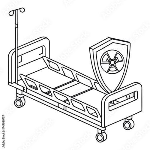 A hospital bed with an iv pole and a protective shield displaying a radiation symbol representing safety and care in hazardous medical environments