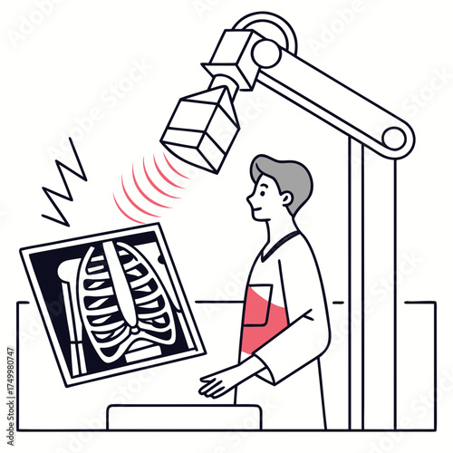 A medical professional examines a chest x ray image displayed on a screen with a robotic arm overhead emitting radiation waves for diagnostic purposes