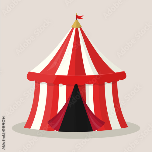 Red & white striped circus tent vector illustration — big top entrance with open curtains and flag; flat editable vector for carnival posters, banners, event design, web, print, invitation templates
