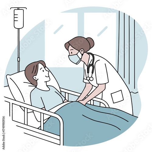 Caring nurse with stethoscope and face mask attends to a smiling patient in a hospital bed with an iv drip nearby in a clean room