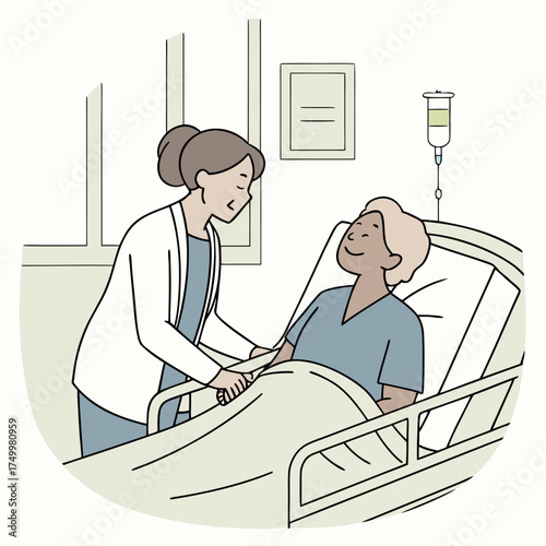 Caring nurse in white coat gently holds hand of smiling patient lying in hospital bed with iv drip and window in background illustration
