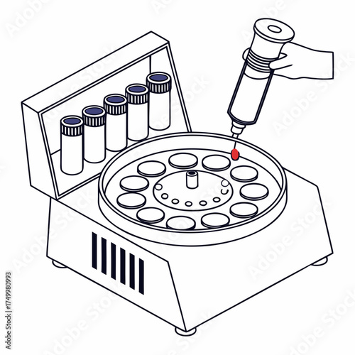 Illustration of a laboratory centrifuge with a hand holding a syringe adding a sample to a tube in the spinning rotor for scientific research and medical testing procedures