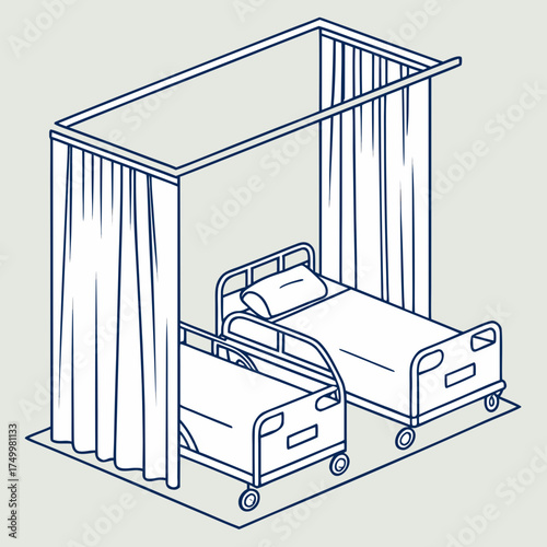 Two hospital beds with privacy curtains in an isometric view representing healthcare medical care and patient rooms