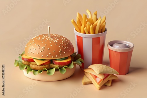 Delicious burger fries and drink meal combo on a plain background