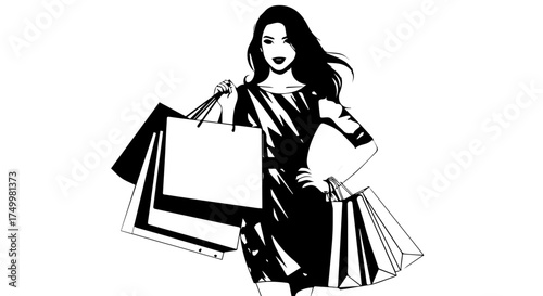 Elegant Woman in Black Dress Holding Shopping Bags, Fashion Illustration.