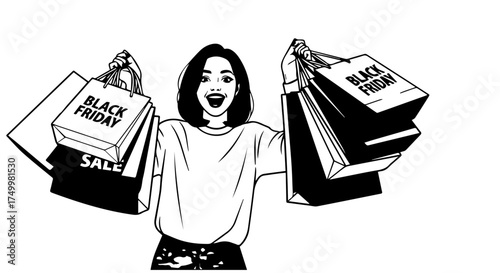 Excited Woman Holding Shopping Bags with Black Friday Sale Text.