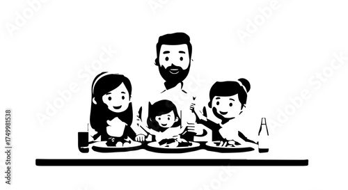 Family Enjoying Meal Together - Black and White Illustration of People at Table.