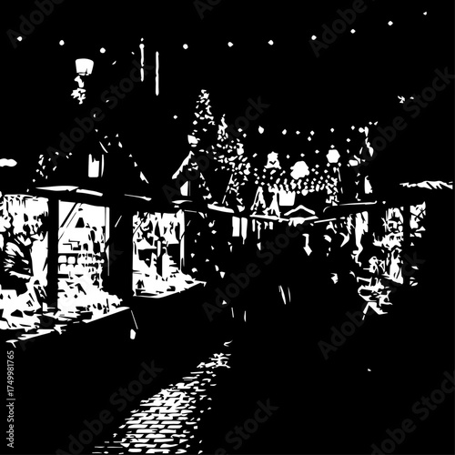 Festive Christmas Market Scene Illuminated with Sparkling Lights and Decorations.