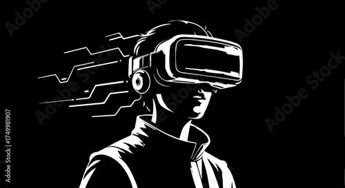 Stylized Black and White Illustration of a Person Wearing VR Headset.