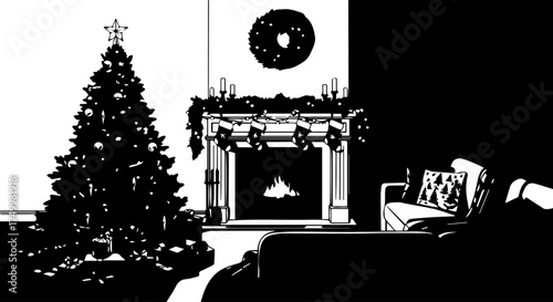 Festive Christmas Tree with Ornaments and Presents in a Cozy Living Room Setting.