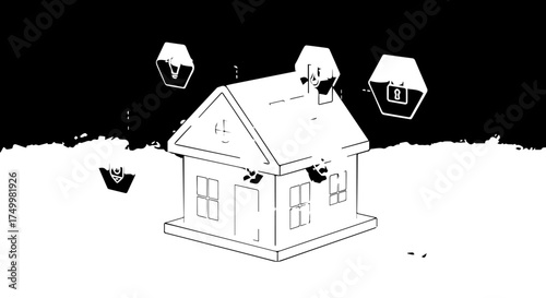 Stylized Black and White Illustration of a Simple House with Chimney and Windows.