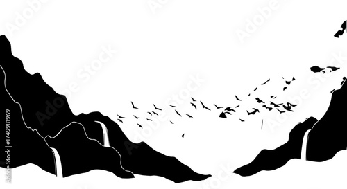 Stylized Black and White Mountain Range Landscape Illustration with Birds.